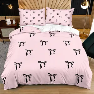 Light pink and black bow print bedding, quilt cover and pillowcase combination, personalized and gentle bedroom decoration, Soft Bedding Sets