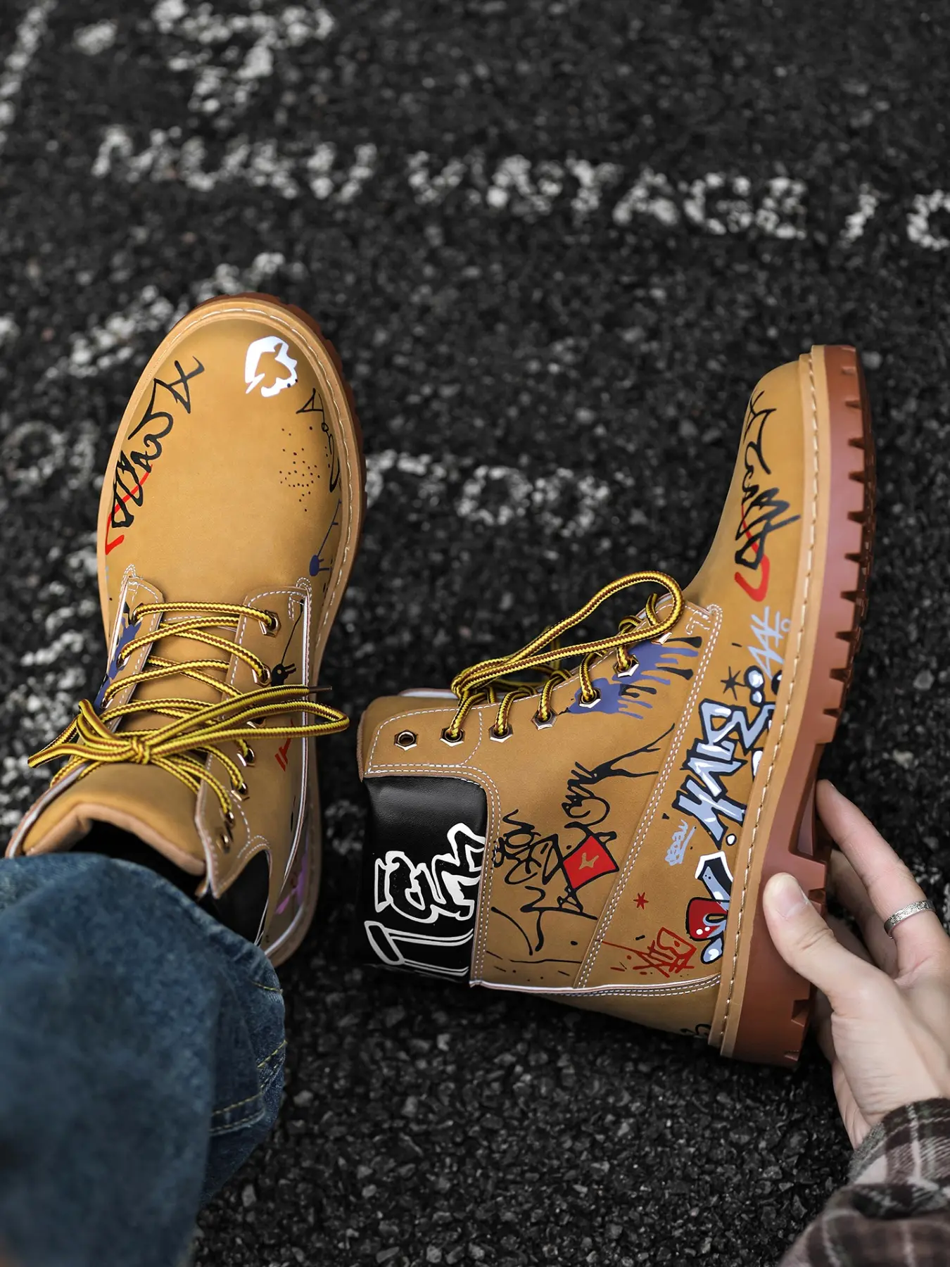 Men's High-Top Lace-Up Boots, Cowboy Boot, Vintage American Style, PU Leather, Mid-Calf, Pop Art Print, Casual Fashion, Streetwear, All Seasons, Footwear Boot