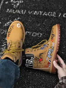 Men's High-Top Lace-Up Boots, Cowboy Boot, Vintage American Style, PU Leather, Mid-Calf, Pop Art Print, Casual Fashion, Streetwear, All Seasons