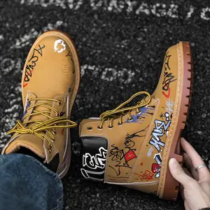 Men's High-Top Lace-Up Boots, Vintage American Style, PU Leather, Mid-Calf, Pop Art Print, Casual Fashion, Streetwear, All Seasons