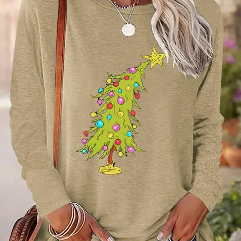 Women's Christmas Tree Print Drop Shoulder Fit Tee, Casual Long Sleeve Round Neck Crewneck Pullover for Fall & Winter, Ladies Clothes for Daily Wear