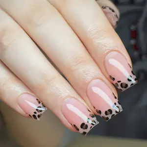 24pcs New Square Press-On Nails, Sweet Cool Nude Leopard Print French Style, Short Design Easy to Apply Long-Lasting
