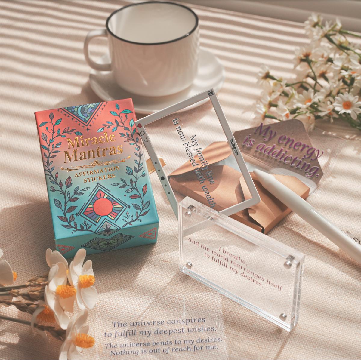 Affirmation Stickers Set Inspirational Quote Stickers with Magnetic Acrylic Display Board and 3 Mini Display Frames Positive Word Decals for Mirror Journal Laptop Desk Decor Self Love Motivation Gift Box with 30 Transparent Affirmation Cards