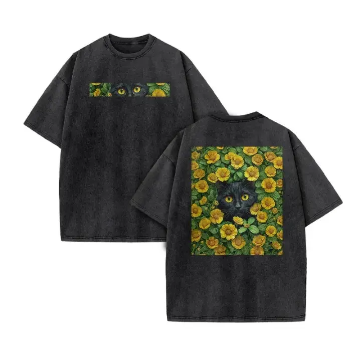 Men's Vintage Acid Wash Cotton Graphic Tee - Short-Sleeve, Round Neck, Casual Fit, Black Cat Floral Print, Streetwear, Fitness, Soft, Breathable, Wrinkle-Resistant, All Sizes, Distressed