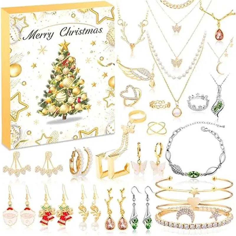 Jewelry Advent Calendar 2024, 24 Days Countdown to Christmas Calendar with Gold Bracelets Necklace Earrings Rings Jewelry Set Xmas Surprise Gift for Wife Daughter Mom Girlfriend Adult Women Friends