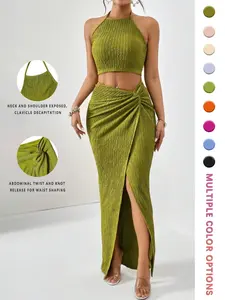 Women's Sexy One-Shoulder Striped Knit Two-Piece Set Outfit, Slim-Fit Asymmetrical Neckline Top & High-Waist Tie Front Skirt for Summer Vacation