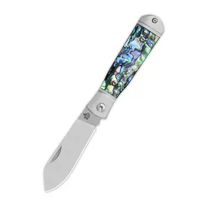 QSP Jumping Jack Slip Joint Pocket Knife – 14C28N Satin Blade, Abalone Handle, 3.5” Compact EDC Knife
