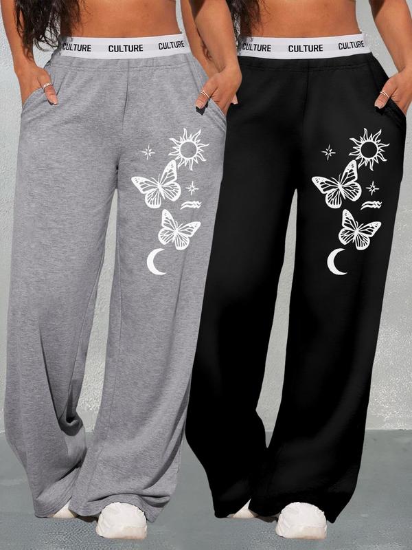 Women's Floral Print Letter Tape  Pocket Elastic Waist Sweatpants, Casual Sporty Trousers, Casual Comfy Trousers for Daily Wear Outdoor, Ladies Bottoms for All Seasons