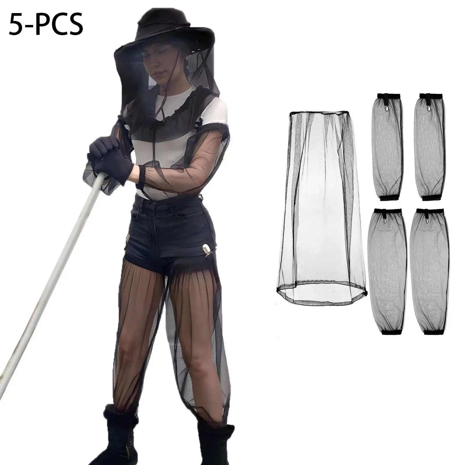 5-Piece Anti-Mosquito Suit for Camping, Gardening, Beekeeping - Midge-Proof Mesh Hooded Jacket, Protective Arm Sleeves, Protective Leg Sleeves