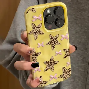 Phone Case - Phone case design featuring brown leopard stars and pink bow patterns, compatible with iPhone 17/16/15/14/13/12/11. Can be given as a holiday gift to friends, family, or yourself.