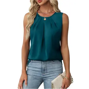 EncoLax Women's Ruched Crew Neck Satin Blouse, Sleeveless Elegant Office Top
