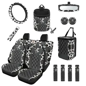 Forest Western Car Seat Cover Set Cow Print Auto Accessories with Steering Wheel Cover, Seat Belt Pads, Cup Coasters, Trash Bag, Air Vent Storage Bag, Rearview Mirror Cover, and Keychain for Cars, SUVs, Trucks, and Vans