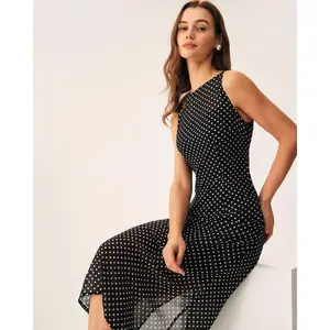 Black Polka Dot Boat Neck Midi Dress