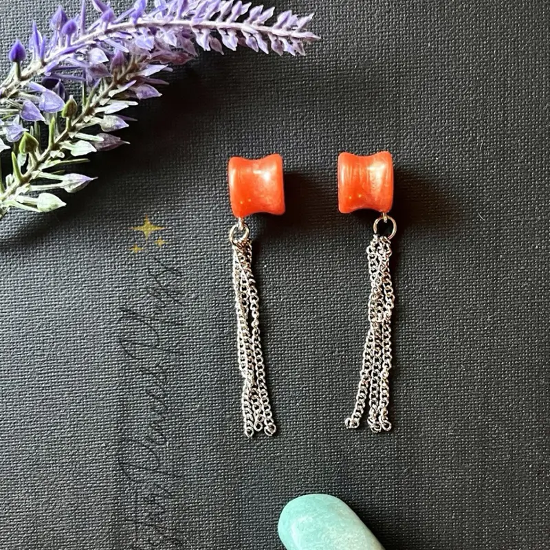Orange and Silver Chain Dangle Plugs – Resin Gauged Earrings for Stretched Ears