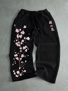 Men's Casual Sporty Long Pants, Sakura Pattern Print, Drawstring Wide Leg, Loose Fit, All Season Fashion, Men's Clothing
