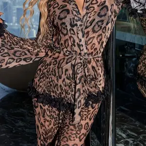 Women's Long-Sleeve Leopard Print Pajama Set, Sexy Loungewear for Sleep & Relaxation