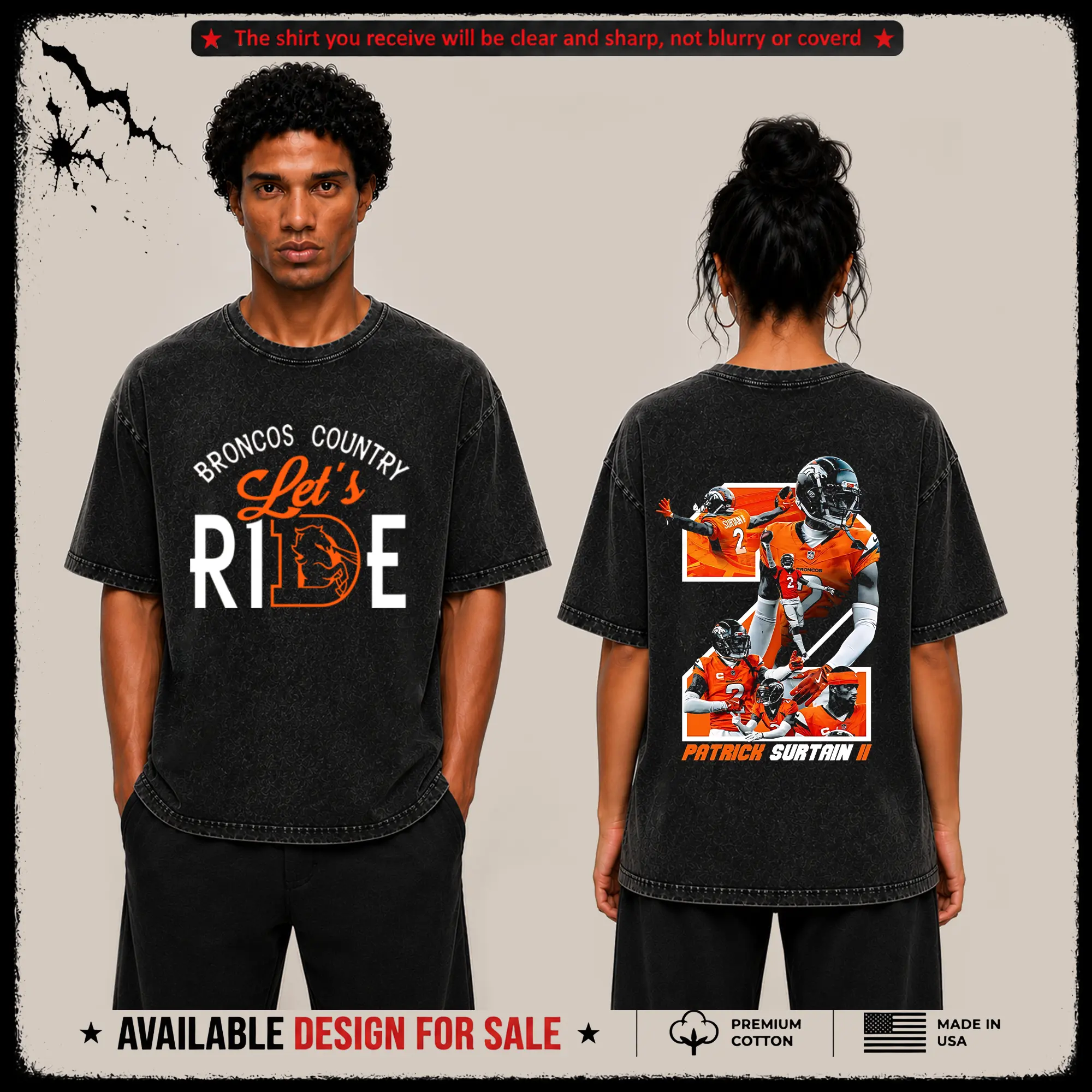 [X-26] Patrick Surtain II #2 Graphic Premium Acid Washed T-Shirt, Broncos Football Fans Fits High Quality 100% Cotton Shirt, Broncos Country Outfit, Gift for Football Fans, Boyfriend