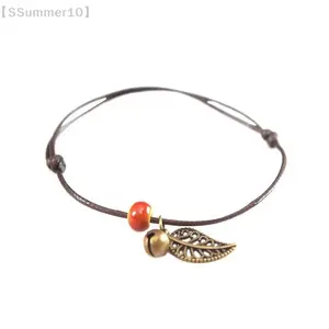 【SSummer10】Ethnic Style Anklet For Women Vintage Bronze Leaf & Bell With Colorful Ceramic Bead Pendant On Leather Rope【SS】