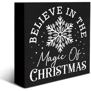 Christmas Sign Believe In the Magic of Christmas Wooden Box Sign for Winter Xmas Holiday Home Bedroom Desk Shelf Decor 5 X 5 Inches