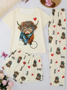 Three-Piece Striped Satin Printed Cow Pajamas Set for Women, Casual Loose-Fit Sleepwear, All-Season Home, Comfortable Lounge Wear, Homewear, Loungewear