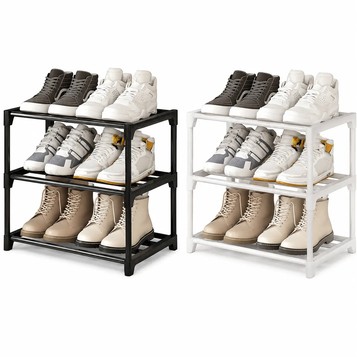 3-Layer Rack Shoe Storage Organiser - Slim Plastic Shoe Display Shelf with Hollow Shelves, Lightweight Freestanding Open Storage for Small Entryway, Dorm Room, Closet (Holds Sneakers, Flats, Slippers) (Black/White)