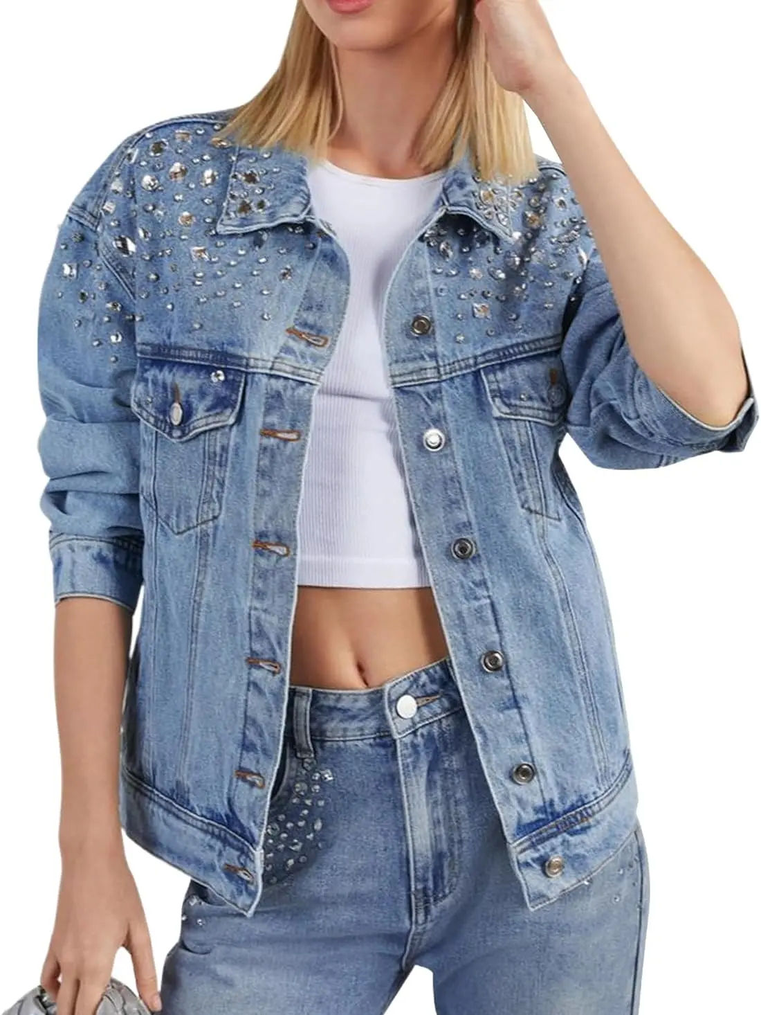Kedera Women's Embellished Button-Down Vintage Western Trucker Jean Jacket - 2026 Trendy Long Sleeve Collared Casual Tops Spring Coat, Denim, Outerwear, Clothes, Relaxed Fit, Longsleeves, Junior