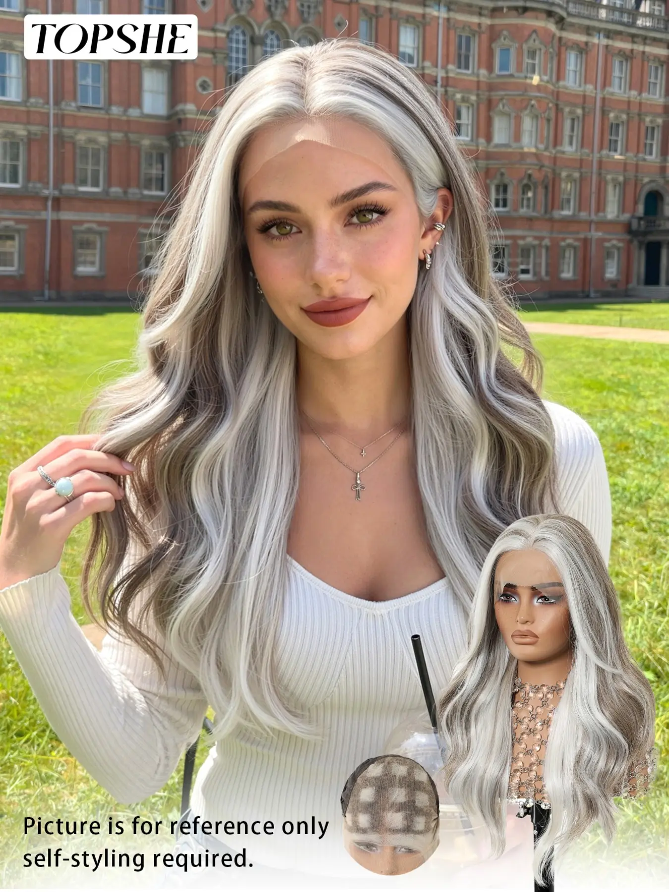 Topshe 13*6 Ash Gradient Highlight Wig, Natural Look Full Head Lace Front, Straight Hair, Synthetic Hair Wigs, All Seasons, Random Parting, Synthetic Straight Wig