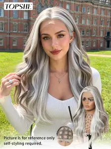 Topshe 13*6 Ash Gradient Highlight Wig, Natural Look Full Head Lace Front, Straight Hair, Synthetic Hair Wigs, All Seasons, Random Parting, Synthetic Straight Wig