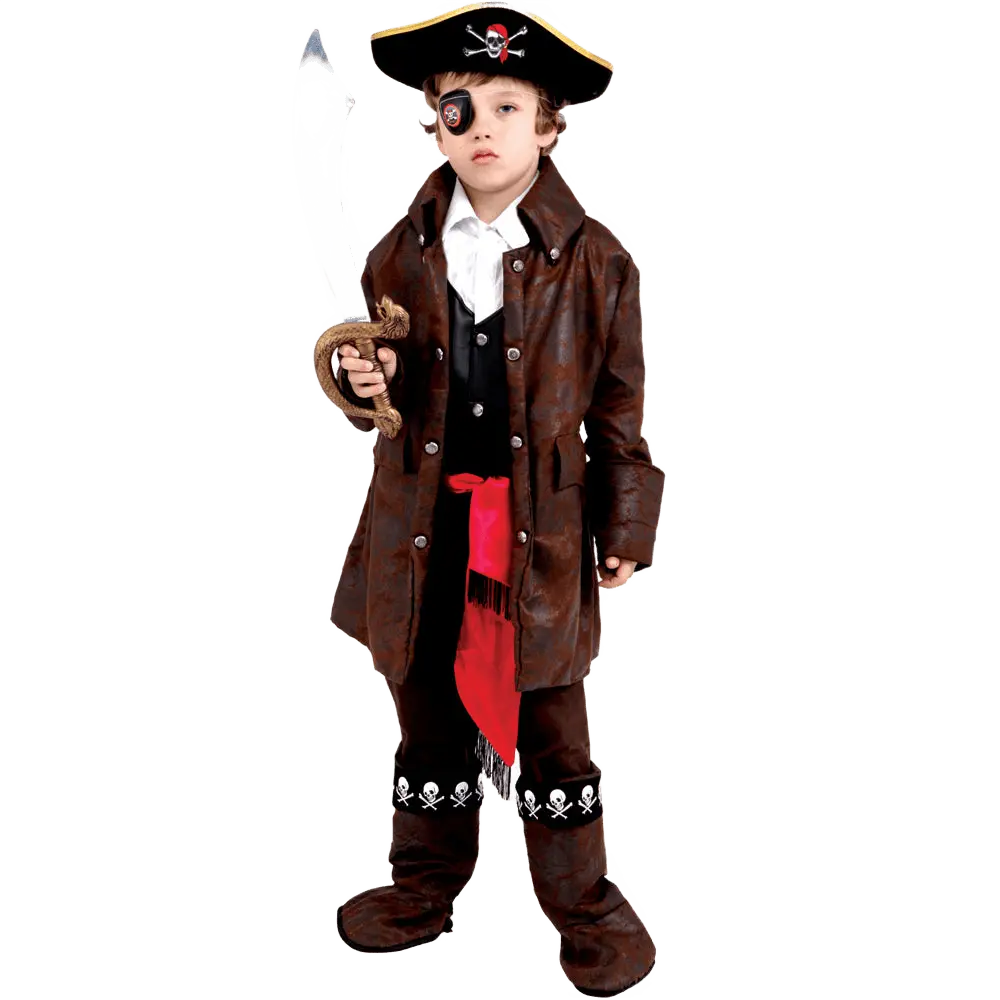Caribbean Pirate Costume Dress For Kids | Classic Outfit with Jacket, Shirt, Pants, Boot Covers, Hat & Waist Sash - Perfect for Halloween, Role Play, Pretend Play Fun, Fantasy Theme Party & Cosplay
