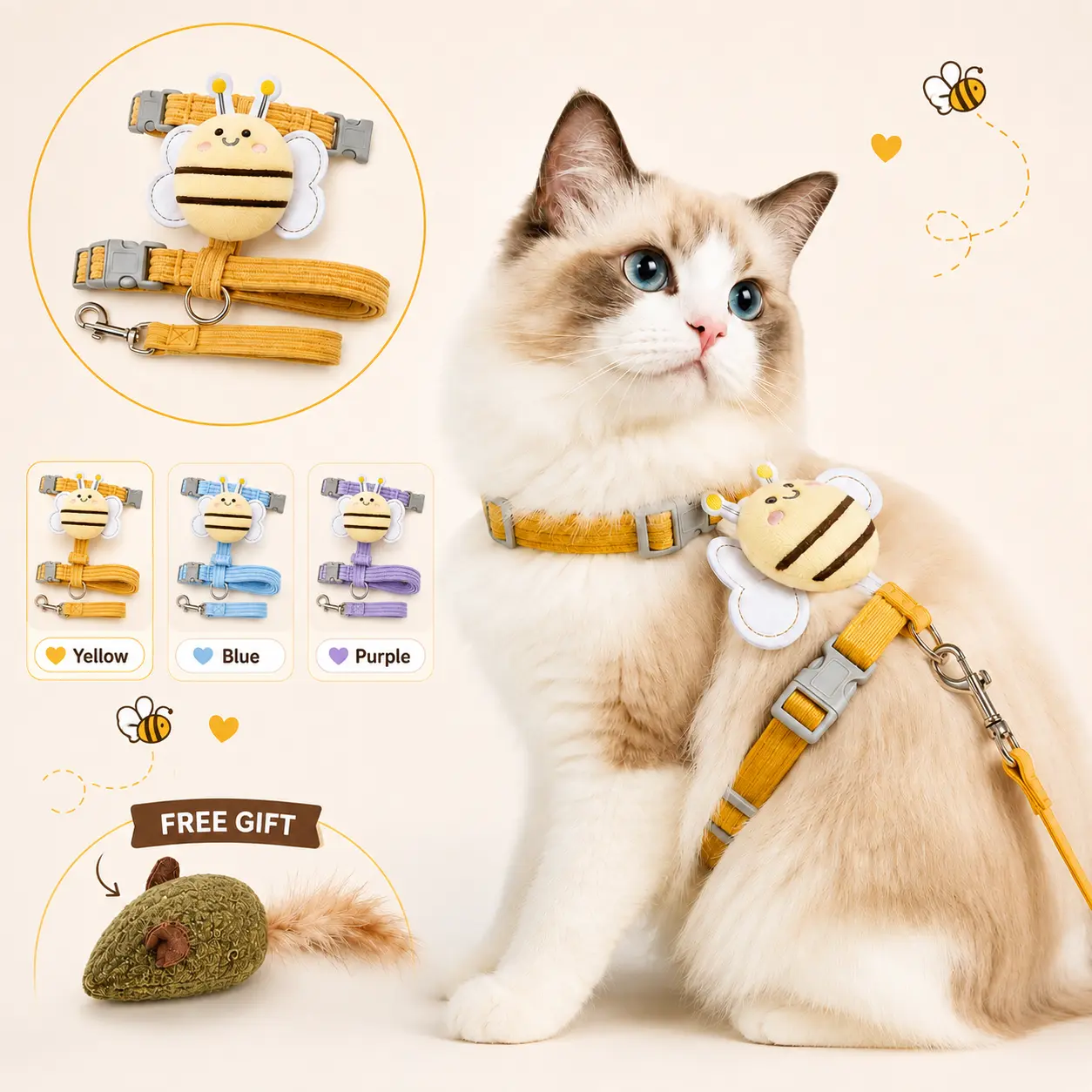 Cute Bee Cat Harness & Leash Set with FREE Catnip Mouse Toy, Adjustable Escape-Resistant Soft Lightweight Walking Harness with Secure Buckle for Kittens & Cats