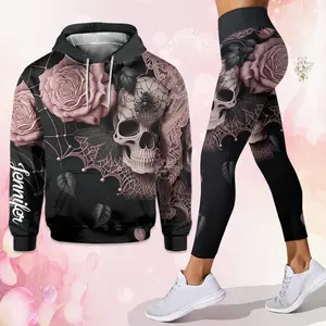 Roses and Skull Personalized Hoodie and Leggings Set – Custom Name Gothic Floral Skull Sweatshirt with High Waist Leggings, Dark Aesthetic Outfit