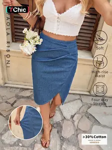Tulip Denim Midi Skirt, Simple Elegant Design, Stretchy Comfortable Fabric, Asymmetrical Pleats, Slit Hem Anti-Exposure, Women's Daily Commute Wear