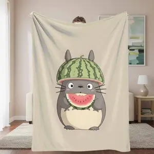 Cute Cartoon Animal Watermelon Flannel Throw, Adorable Fruit Print, Soft Warm Cozy Lightweight Plush, Ideal for Sofa & Bedroom, Adorable Style Blankets & Cartoon Blankets for Home Decor Gifts