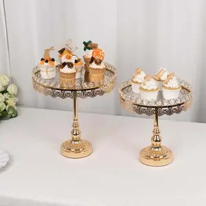 Set of 2 Metal Pedestal Cake Stands 11", 13" Round Design with Mirror Top Gold - Crystal Beaded Cupcake Dessert Display