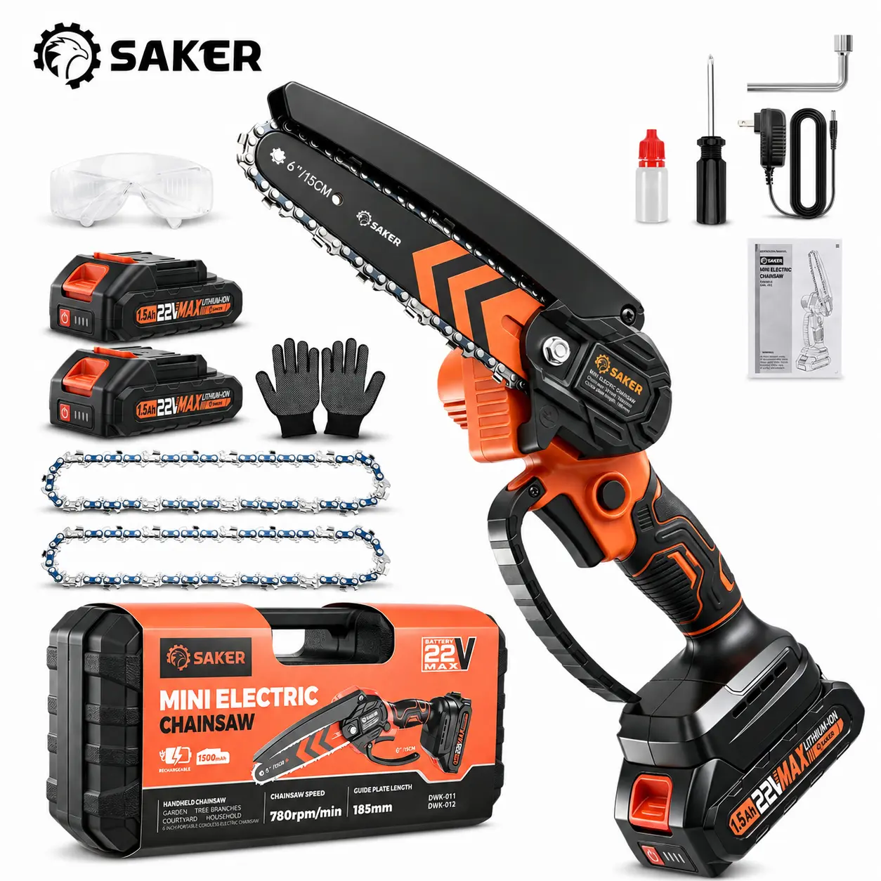 Saker 4/6-Inch Mini Chainsaw -3000mAh Long-Lasting Battery Power (2PCS), Upgraded Pure Copper Motor, One-Handed Electric Saw for Men & Women, Portable Wood Cutting Garden Tool Gifts