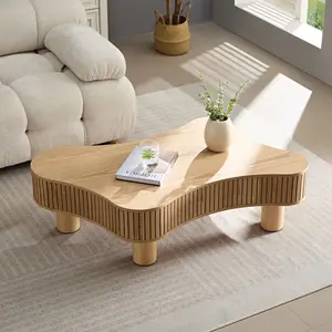 [SOIYELIFE] 42.52 Inch Modern Wooden Handcraft Drum Coffee Table Irregular Shaped Coffee Table for Living Room,Small Coffee Table with Sturdy Pedestal