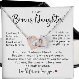 To My Bonus Daughter Necklace, Bonus Daughter Gifts From Stepdad, Interlocking Hearts Necklace, Step Daughter Gifts From Stepmom, Step Mother Daughter Gifts, Birthday, Christmas Gifts For Bonus Daughter