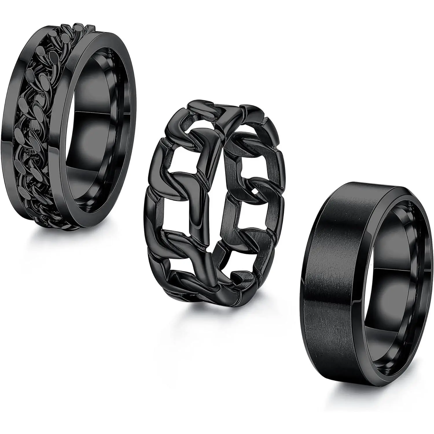 FLORIDECO 3Pcs Men's Ring Set with Stainless Steel Cuban Link Chain ...