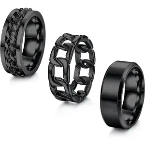 FLORIDECO 3Pcs Men's Ring Set with Stainless Steel Cuban Link Chain & Spinner in Silver Plain Band Sizes 6-14 Non Tarnish Jewelry Stacking Ring Set