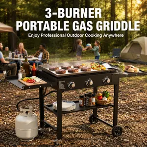 BESTFIRE 45K BTU 3-Burner Flat Top Propane Grill – 35" Stainless Steel Outdoor Griddle with Porcelain Enameled Cast Iron Grate, Foldable Side Shelves & Heat Resistant Design, Perfect for Camping, Backyard BBQ & Outdoor Feasts