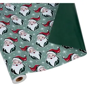 Reversible Christmas Wrapping Paper, 17 Inch x 33  ( sq.ft) Santa Claus and Solid Green Design for Holiday, Xmas, Season Party Celebration