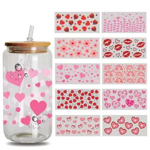 10 Sheets Valentine's Day UV Dtf Cup Wrap Transfer Sticker Glass Stickers for Cups Waterproof Rub on Transfers Mug Stickers Decals for Crafting DIY