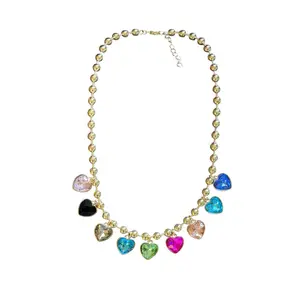 Rainbow Heart Charm Necklace Gold Beaded Chain Colorful Crystal Hearts Handmade Jewelry Valentines Gift Idea Heart Jewelry Love