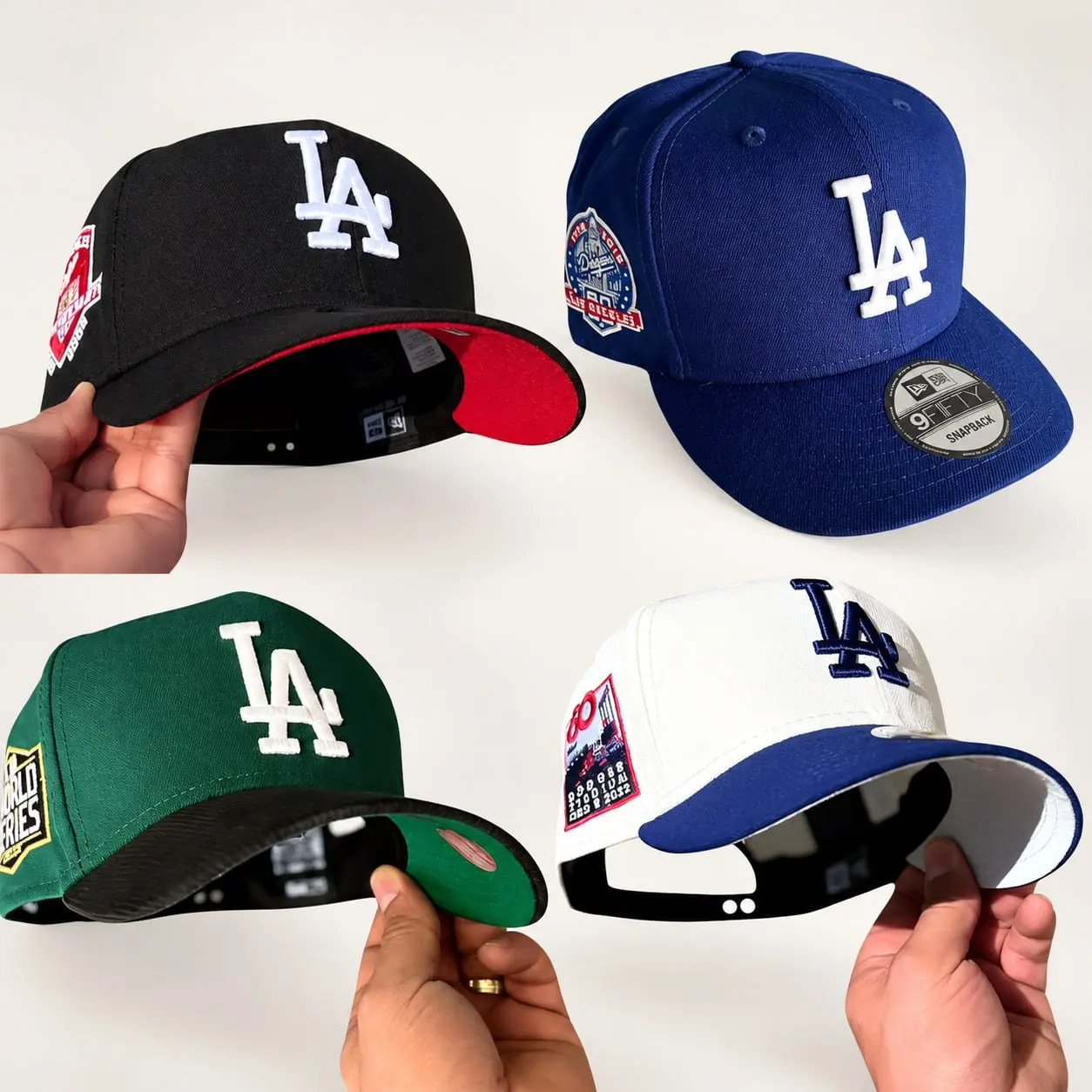 New Era MLB LA Dodgers 9FORTY Snapback Cap, Black Cream Sky Blue Premium Two Tone Baseball Hat, 3D Raised Stitching, World Series Side Patch Detail, Collectible World Series Side Patch, Vintage Streetwear Hip Hop Fashion Headwear for Men Women