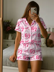 67 Meme Pajamas Set for Women | Pink Bow Six Seven Pajama Set | Funny TikTok Viral PJs | Cute Satin Long & Short Sleepwear