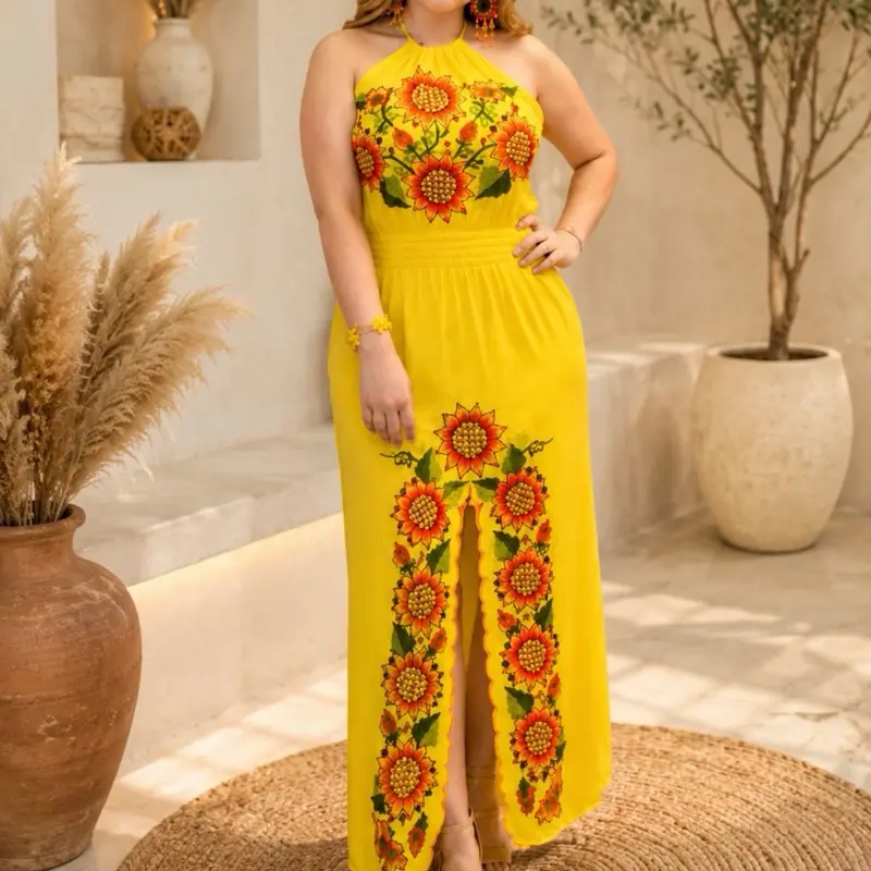 Vestido halter abertura girasol