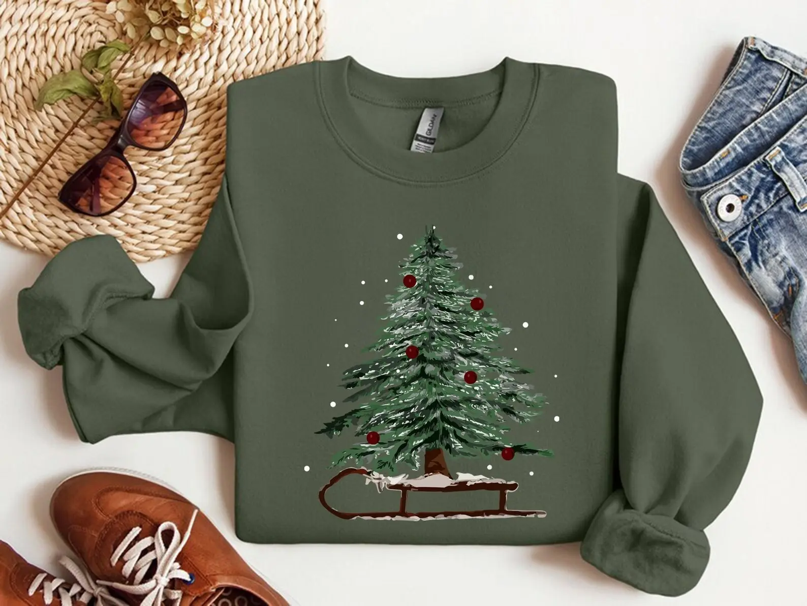 Woman's Holiday Sweatshirt, Women's Xmas Tee, Christmas Sleigh Crewneck, Christmas Tree Tee, Xmas Tree, Women's Christmas Tshirt,Winter Tee