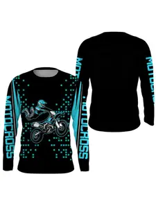 Men's Long Sleeve Cycling Shirt, Blue Block Pattern, Mountain Bike Design, Sportswear, Outdoor Sports, Downhill Riding, Extreme Sports Enthusiasts, Athletic Techwear, Bike Jersey, Motocross Jersey