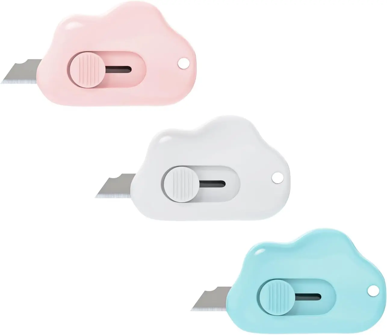 3-Pack Practical Retractable Box Cutters - Office Cutting Supplies, Convenient Office Gadgets with Stainless Steel Blade & Durable Plastic Body, Key Chain/Pocket Bag/Envelope Opener for Home DIY Projects, Cloud