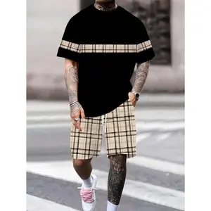 1set Men'S Plus Size Casual Sportswear, Khaki Plaid Striped Pattern, Classic Summer T-Shirt and Shorts Combo, Polyester and Spandex Blend, Stretchy Knit Fabric, Round Neck, Basic Style, with Versatile for Outings, Business, Dating